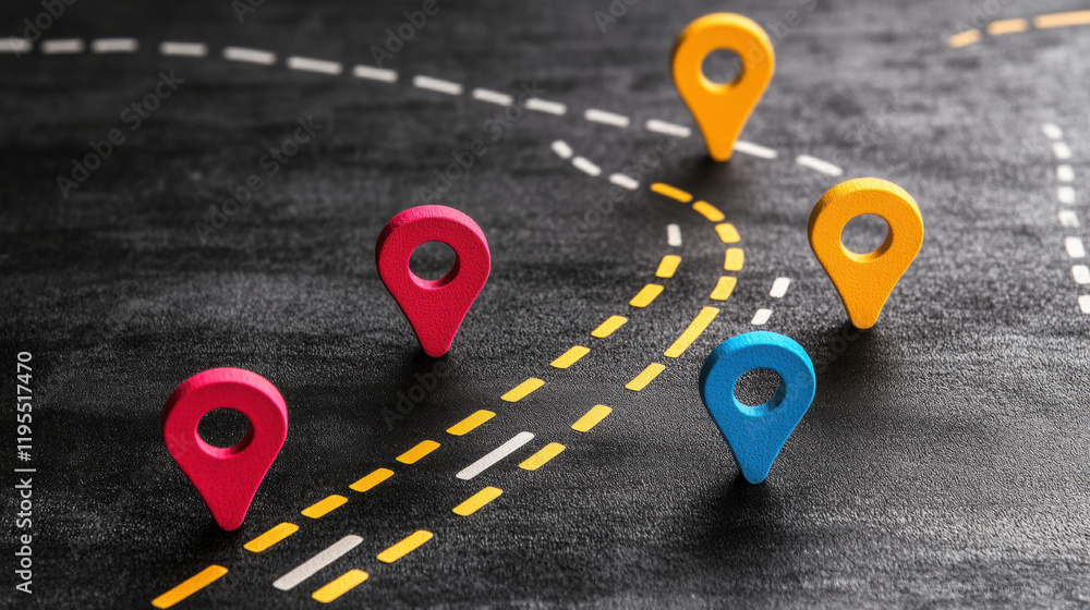 Poster road map, 3d, 3d model depicting a detailed roadmap with marked pit stops, designed for high fidelit