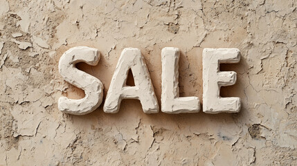 The word "SALE" appearing as if carved into realistic stone, with rugged chisel marks and texture, placed against a flat beige background.