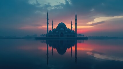 Naklejka premium Serene Mosque at Dusk with a Stunning Reflection on the Water Surface