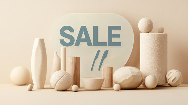 A modern abstract composition with "SALE" in sans-serif black text, a large translucent blue percent sign (%) in the background, and subtle geometric shapes creating depth on a neu