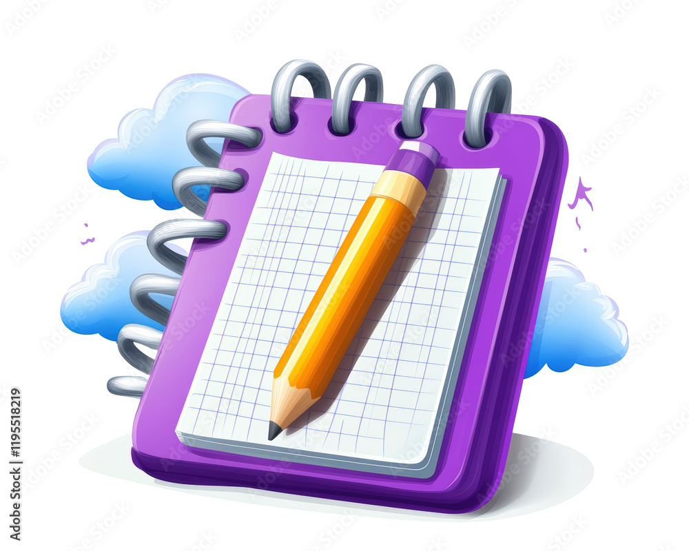 Poster isolated spiral notebook and pencil with clouds