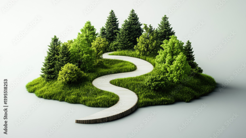 Poster road map, 3d, a high-fidelity 3d rendering of a roadmap, illustrating a winding path designed for vi