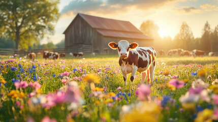 Majestic cow standing in field of flowers at sunset