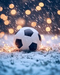 Fototapeta premium A Snow-Covered Soccer Ball Resting on Grass with Glowing Bokeh Lights in the Background, Capturing the Essence of Winter Sports and Holiday Cheer
