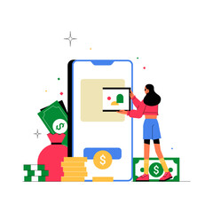 Female Character Uploading Digital Artwork On Mobile Platform In Flat Vector Illustration Symbolizing Online Sales, Art Business, And Digital Creativity, Isolated On White Background.