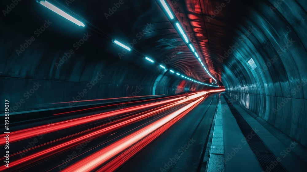 Poster red light trails through dark tunnel with blue lights on top with a path on the side
