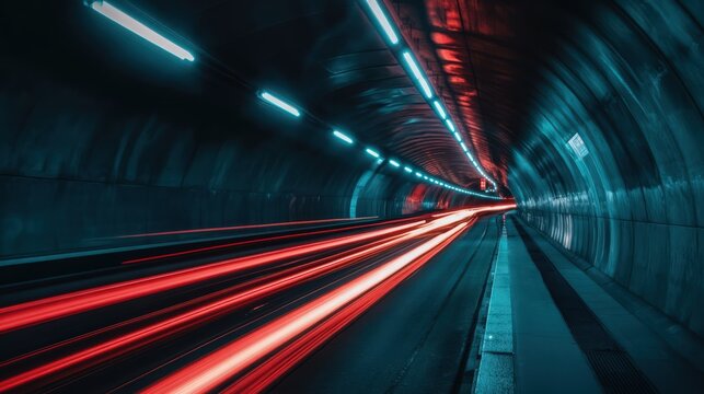 Red light trails through dark tunnel with blue lights on top with a path on the side - Powered by Adobe