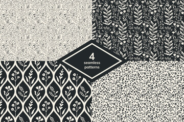Seamless black and white patterns set