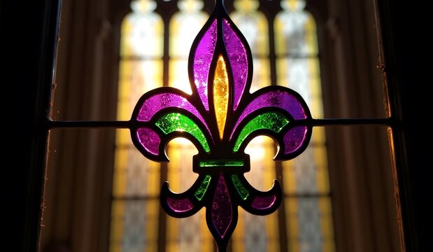 Vibrant stained glass fleur-de-lis ornament, colorful light streaming through intricate design in church window, religious art concept