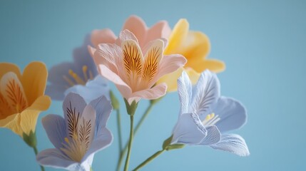 Tender Alstroemeria flowers, pastel floral wallpaper, cotton fabric texture, delicate aesthetic effect