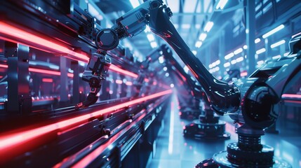Futuristic industrial scene with robotic arms and illuminated pathways.