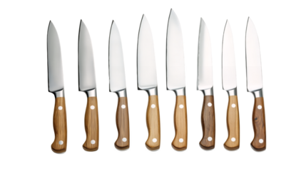 A set of ergonomic kitchen knives with wooden handles isolated on a transparent background, PNG