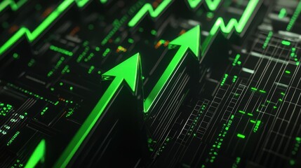 Dynamic stock market visualization with glowing green arrows showing growth trends and upward financial movement