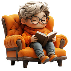A cheerful child reading a book while sitting in a cozy orange armchair.