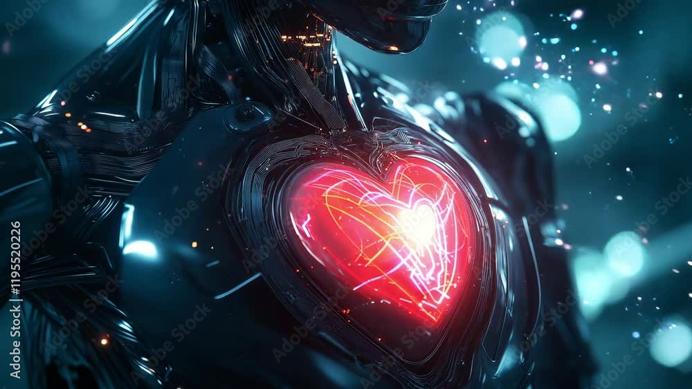 Poster a sleek robotic figure stands confidently with a luminous heart, surrounded by an electrifying backd