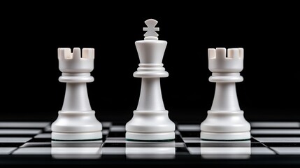 Elegant white chess pieces set against a solid black background highlight their intricate design and strategic significance