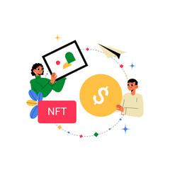 Male And Female Characters With NFT And Dollar Icons In Flat Vector Illustration Symbolizing Digital Art, Cryptocurrency, And Blockchain, Isolated On White Background