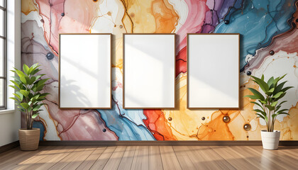 modern interior design abstract colorful splash wall art blank wall room with blank white poster mockups	
