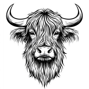 Black and white illustration of a horned yak head for design or printing