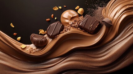 Obraz premium Chocolate Indulgence: A decadent swirl of rich, creamy chocolate, dotted with squares of dark chocolate, enrobed pieces, and golden flakes.