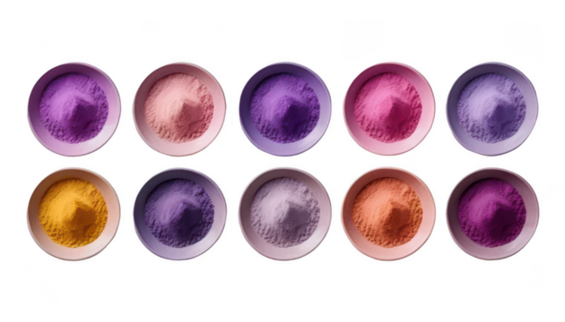 A clean, neat arrangement of round plates filled with gulal powder in five gradient shades from pink to violet, arranged in a straight horizontal line with a soft dust of powder surrounding the edges,