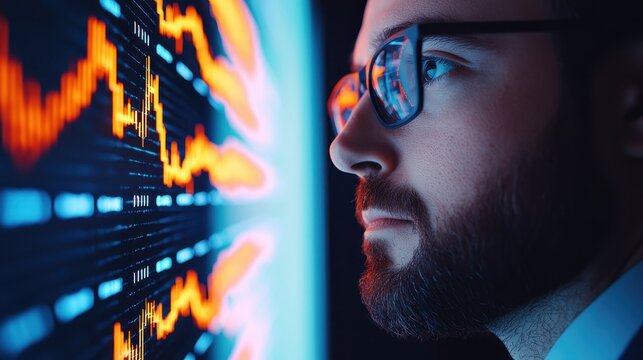 Investment advisor demonstrating financial data visualization on a holographic dashboard with glowing stock market trends