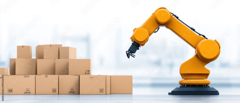 Poster industrial robot arm handling cardboard boxes in modern warehouse environment for automation and log