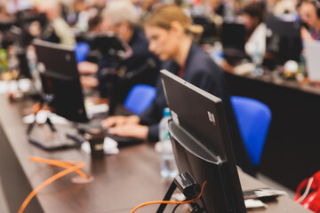 Journalists and correspondents working in media press center, live broadcasting, tv studio channel...
