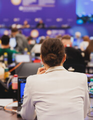 Fototapeta premium Journalists and correspondents working in media press center, live broadcasting, tv studio channel office, news report coverage of the political forum event, cameraman and editor, creating the news