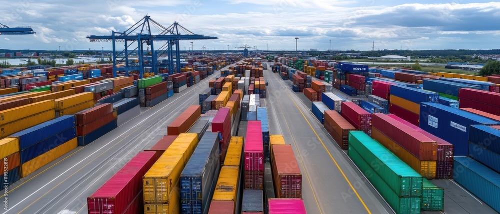 Poster aerial view of colorful shipping containers in large port terminal under cloudy sky