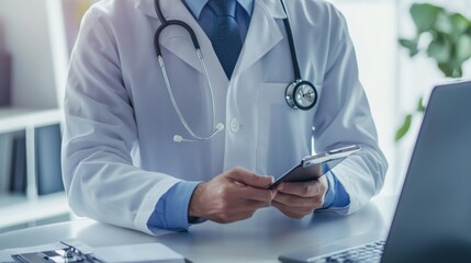 A healthcare professional providing telemedicine consultations to patients from a modern clinic, Telehealth services theme, Compassionate style