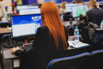Journalists and correspondents working in media press center, live broadcasting, tv studio channel...