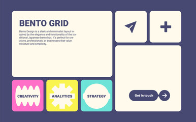 Modern Bento grid web business layout with simple shape. Trending bento brick Ui UX template. Web comics grids, various panel arrangements and different size tiles. Creativity, analytics, strategy