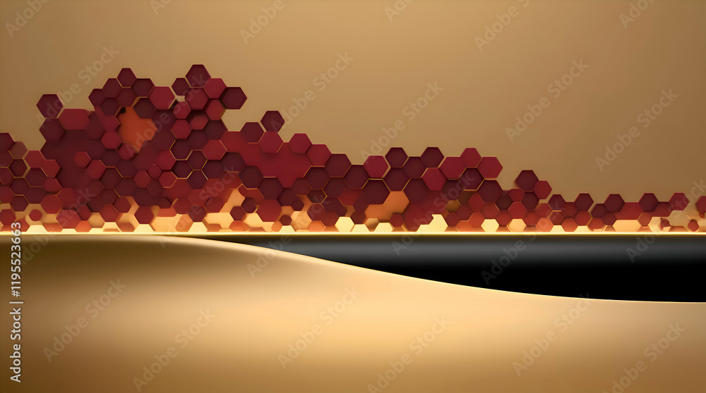 Poster a macro view of a vermillion hexagonal pattern fading over a minimal surface wave into a solid black