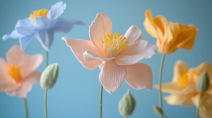 Fototapeta premium Tender Columbine flowers, pastel floral wallpaper, cotton fabric texture, delicate aesthetic effect