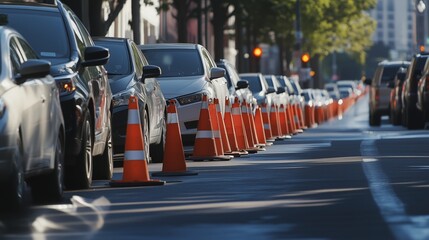 A line of cars stretches down the road during the day, slowed by bright orange traffic cones marking a lane closure for construction.