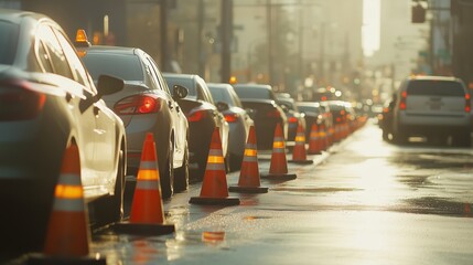Obraz premium A line of cars stretches down the road during the day, slowed by bright orange traffic cones marking a lane closure for construction.