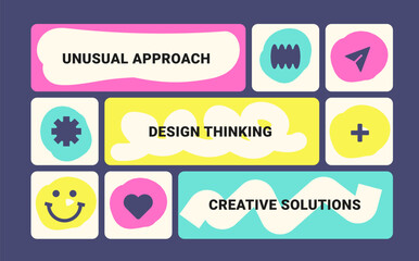 Modern Bento grid web business layout with doodle shapes. Trending bento brick Ui UX template. Web comics grids, various panel arrangements and different size tiles. Creativity, analytics, strategy