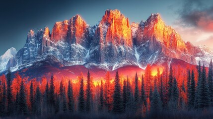 Dramatic mountain peaks bathed in vibrant sunset light, casting fiery hues on a snowy forest.
