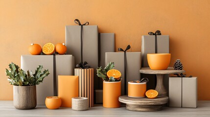 Stylish Orange and Gray Christmas Gift Boxes Arrangement