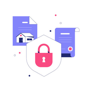 Shield Lock With Property Documents And Certificates In Flat Vector Illustration Symbolizing Secure Transactions, Mortgage Agreements, And Financial Safety, Isolated On White Background