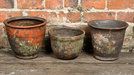 Three Rustic Antique Clay Pots, Aged Texture, Brown Green Orange