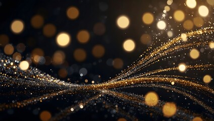 This image features flowing, shimmering gold lines against a dark background, with out-of-focus gold bokeh dots scattered throughout. The overall feeling is festive and elegant.
