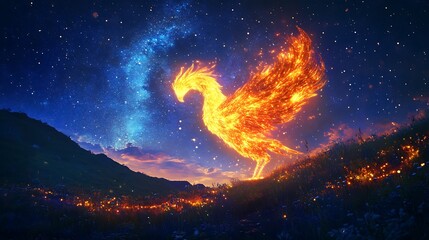 Obraz premium A holographic phoenix glowing brightly against a star-filled night sky 