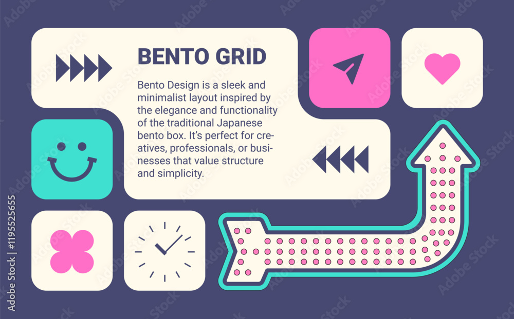Wall mural modern bento grid web layout with arrows. trending bento brick ui ux template. web comics grids, var