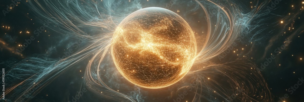 Aufkleber Digital globe radiating light with flowing lines and bright points illustrating connectivity and technology at night. Generative AI