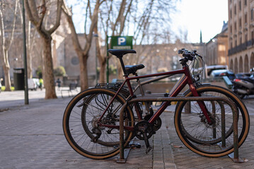 Bicycles parked in a square. Mobility