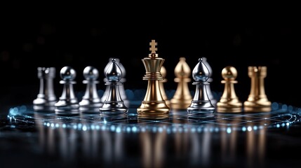 Gold and silver chess pieces are arranged on a chessboard illuminated by blue glowing network lines, symbolizing strategic success