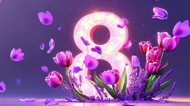 Glowing number 8 surrounded by pink tulips and falling petals on vibrant purple background for international women's day march 8 celebration concept