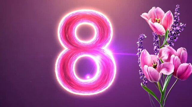 Bright neon number 8 with spring flowers on purple background for international women's day march 8 celebration concept